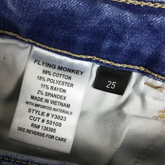 Flying Monkey Womens Jeans Skinny Blue Denim Ripped Raw Hem‎ Light Wash 25 - Picture 12 of 12